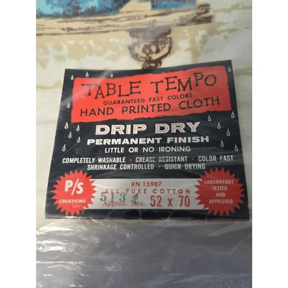 VTG Table Tempo Hand Printed Rustic Tuscan Farmhouse Tablecloth